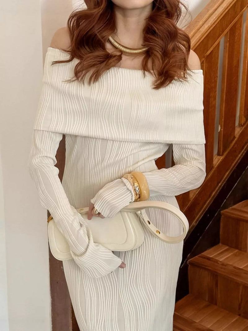 Ivory off shoulder textured knit maxi dress, front view