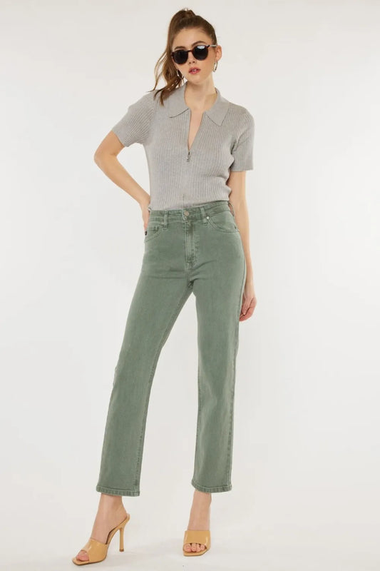 Kancan Ultra High Rise Straight Jeans Olive - Fashorio