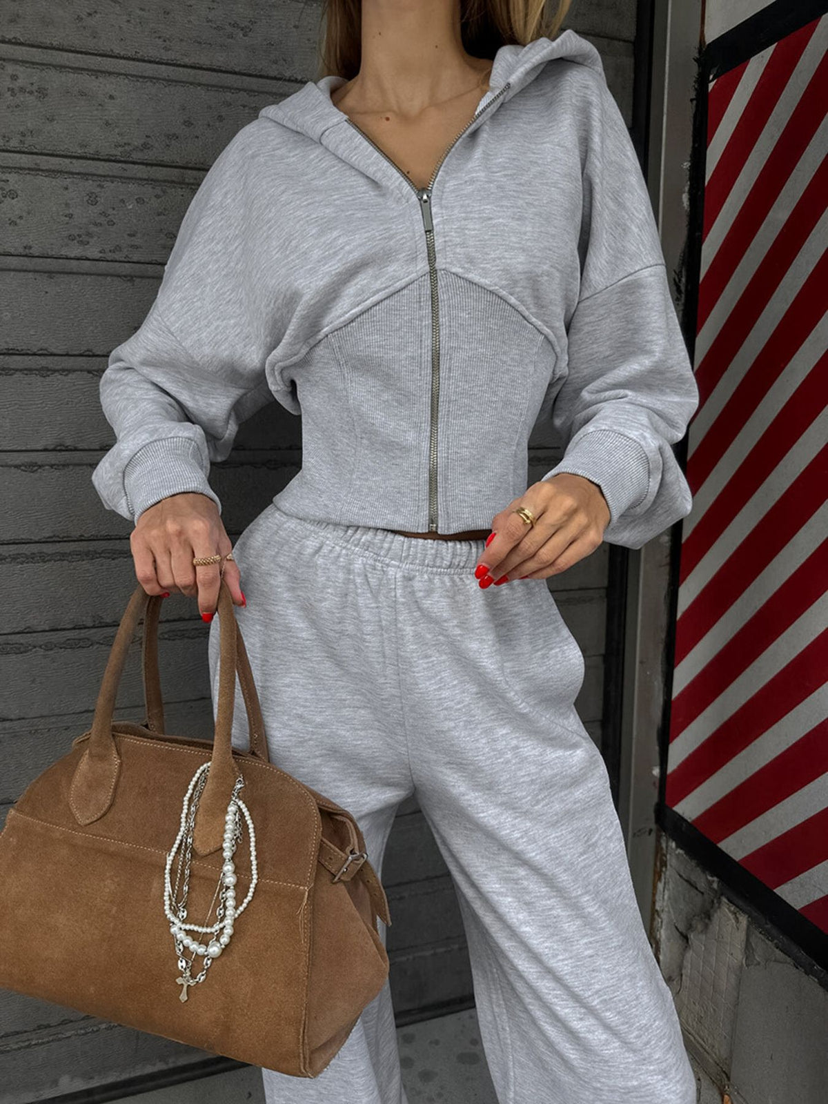 Coordinated zip up hoodie and wide leg pants side view
