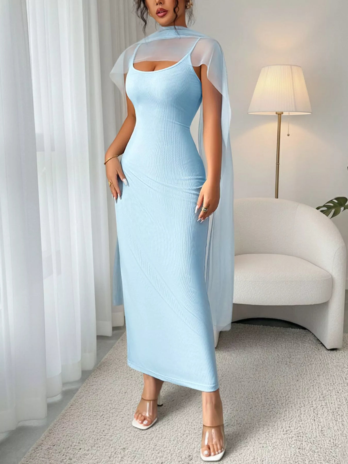 blue ribbed scoop neck bodycon maxi dress with mesh detail side view