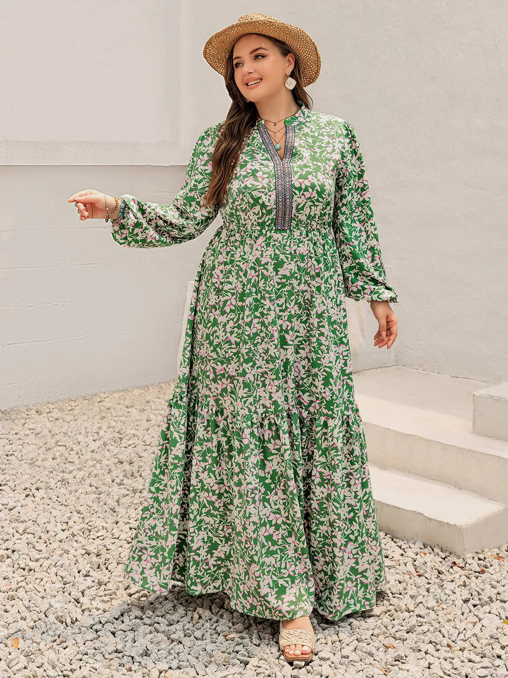 Plus size printed notched neck long sleeve maxi dress styled look