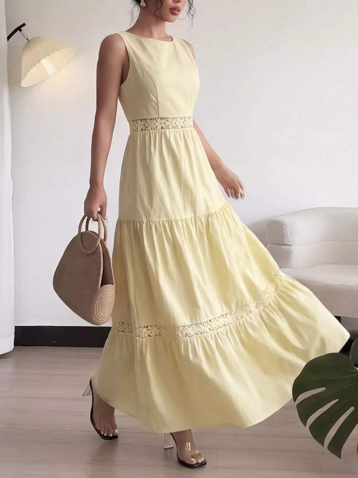 yellow tiered lace trim sleeveless maxi dress back view