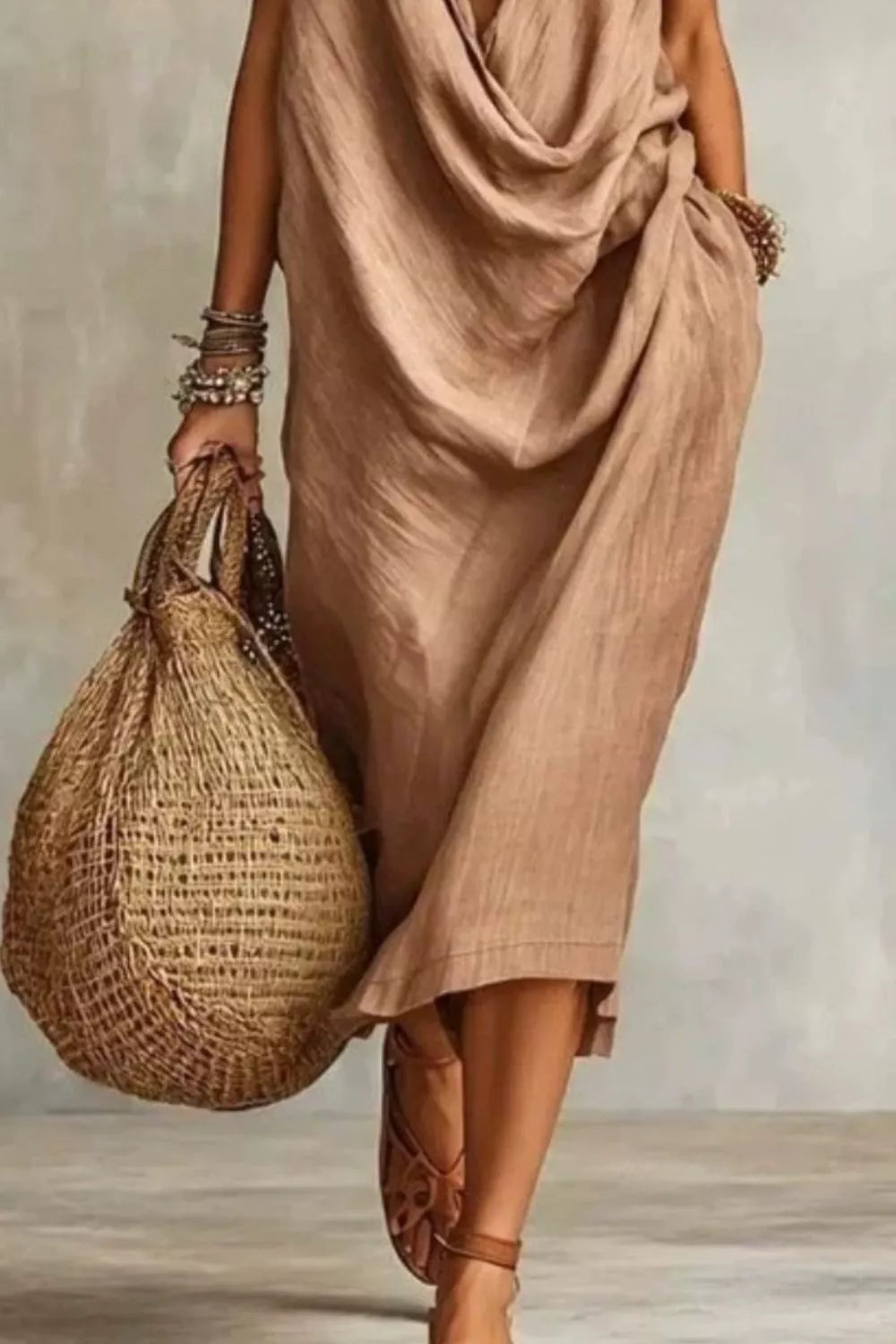 Sleeveless drape cowl neck midi dress full length view