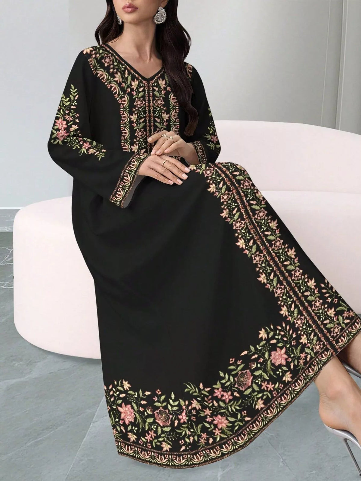 floral long sleeve maxi dress detail
