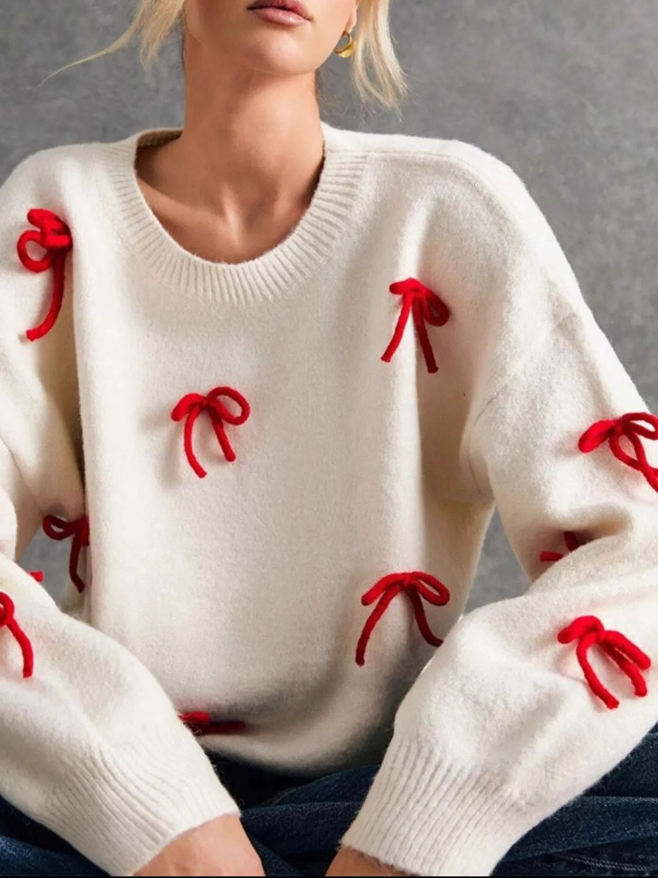 Bow Contrast Round Neck Long Sleeve Sweater - Fashorio