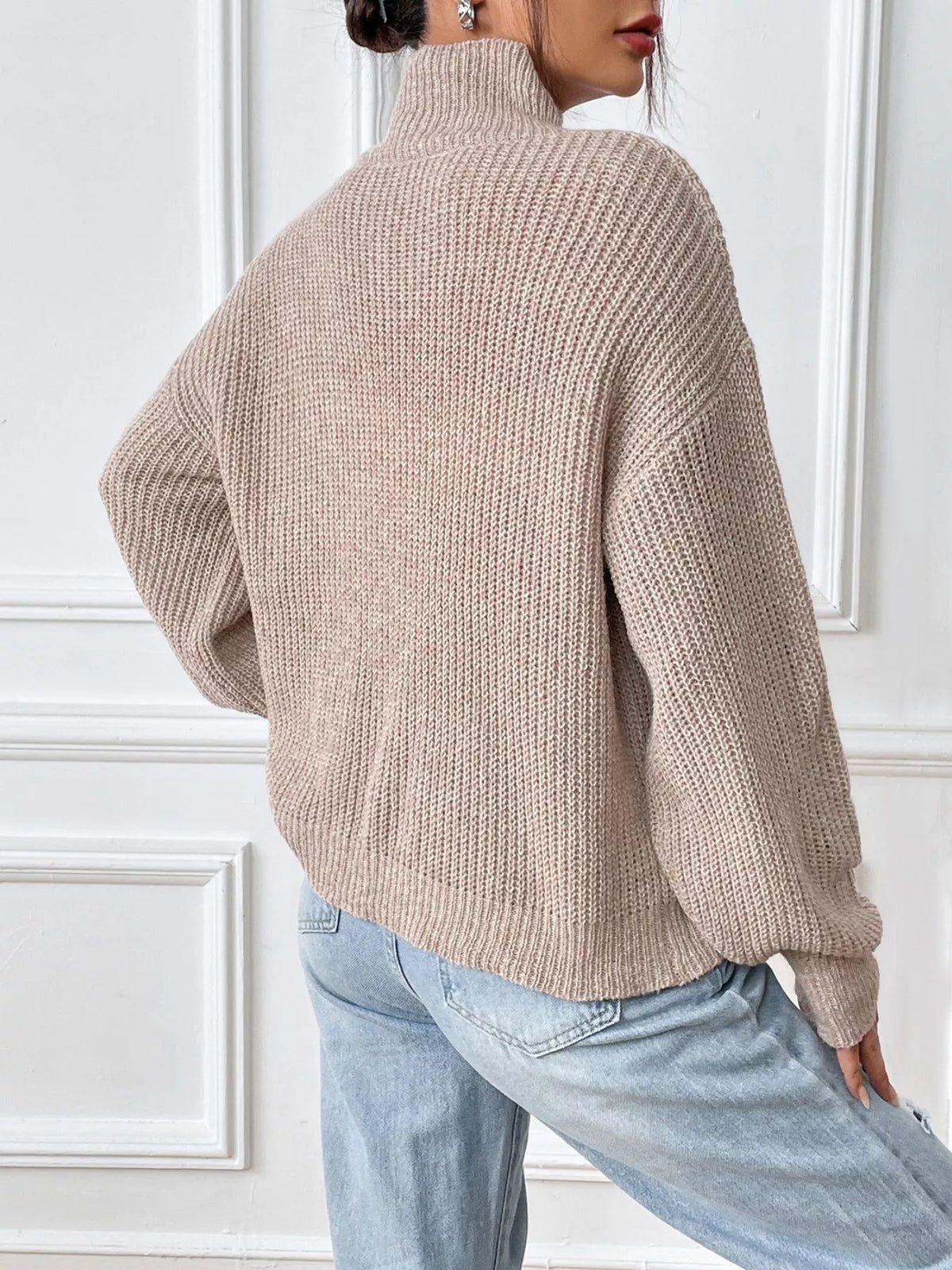cozy knit turtleneck drop shoulder sweater mocha back view