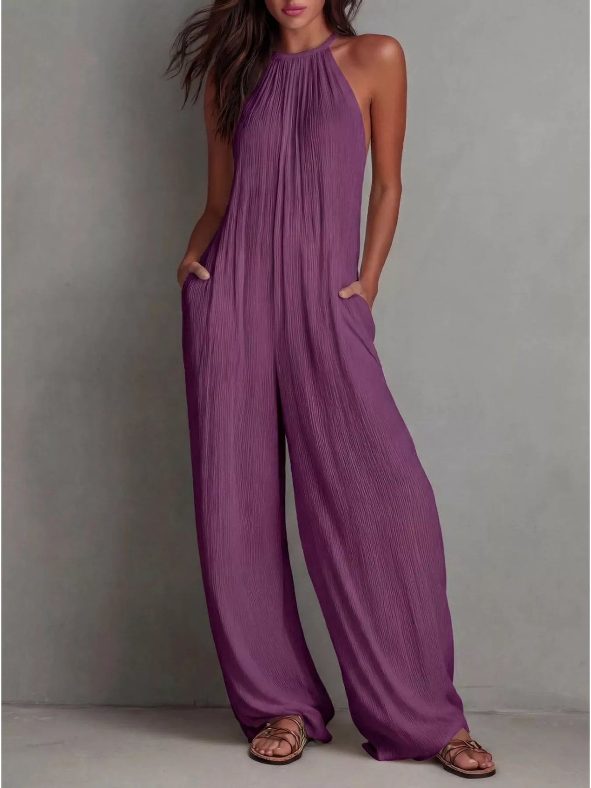 Sleeveless wide leg jumpsuit close up view
