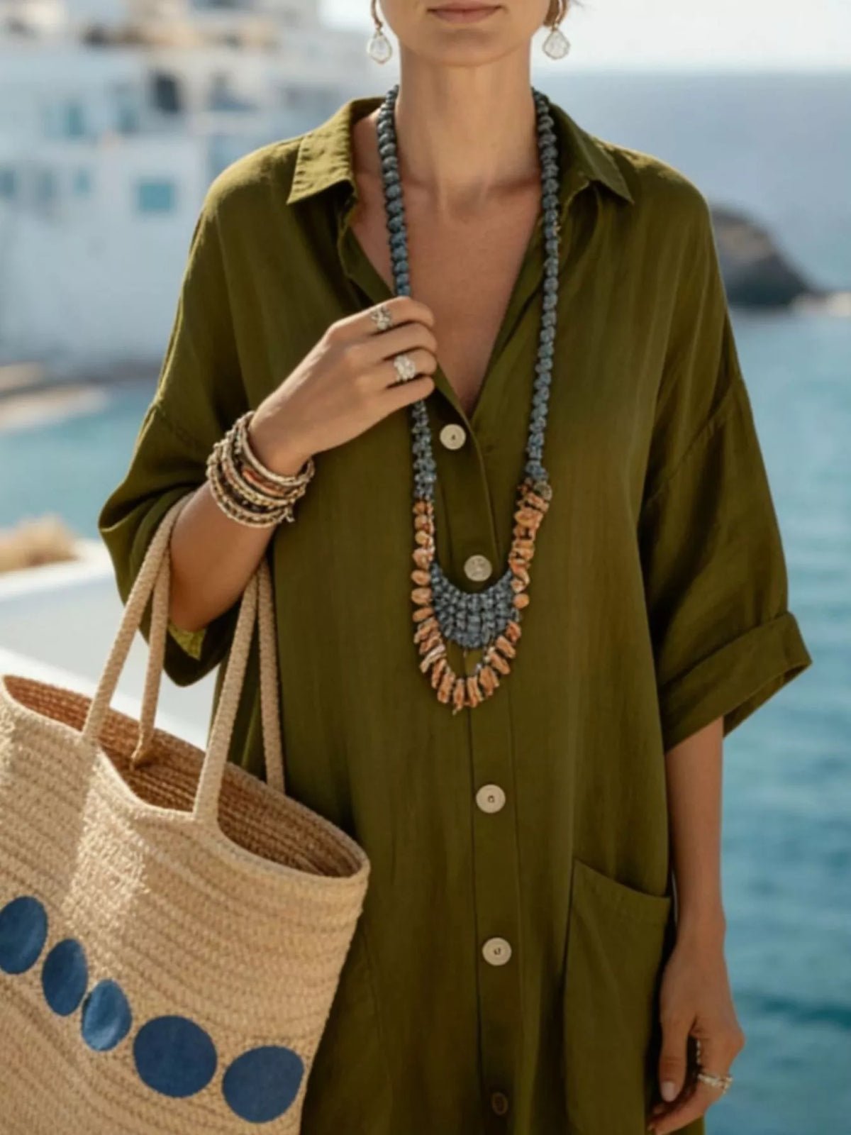 Button front three quarter sleeve maxi dress in olive side view
