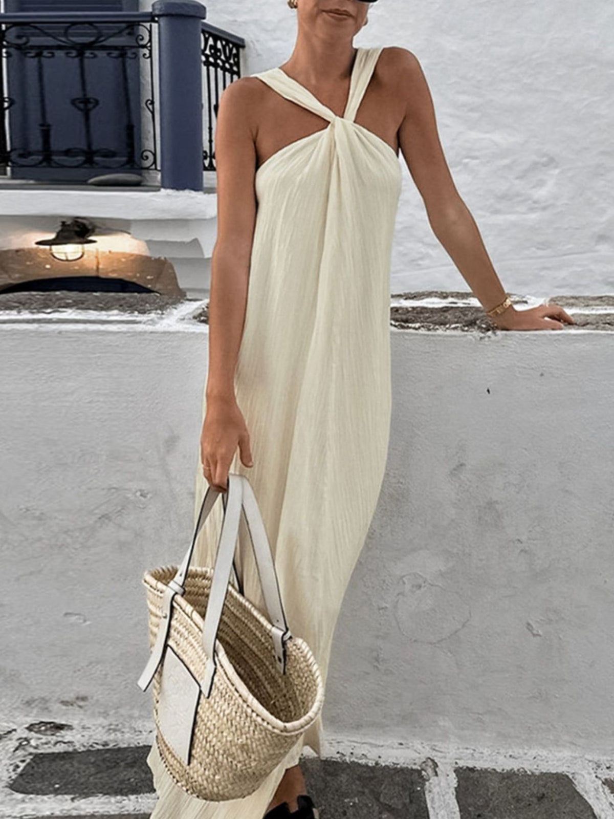 halter neck flowy maxi dress side view