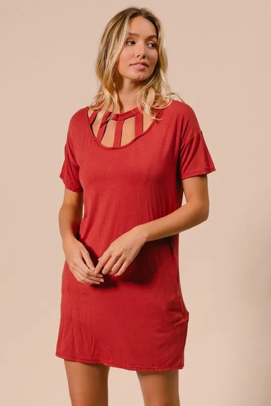Front Cut Out Tee Mini Dress in Ginger back view