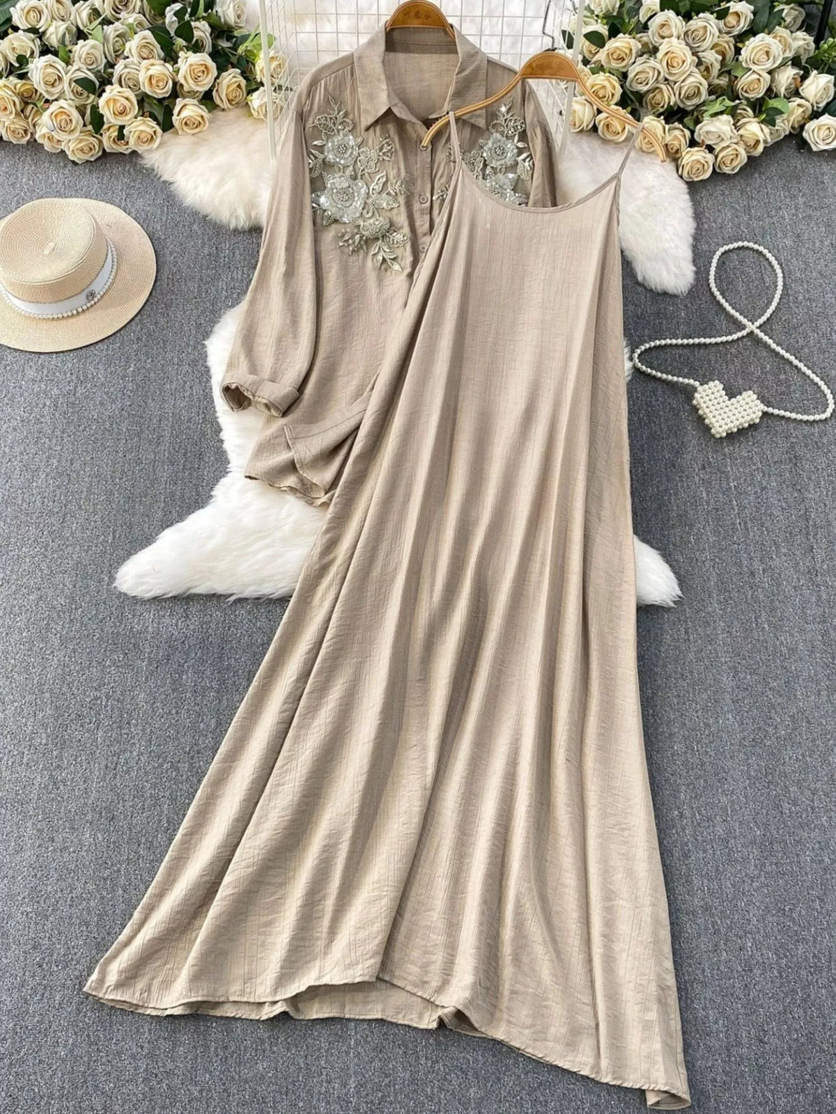 Sequin Flower Button Up Shirt and Cami Dress Set, view 7