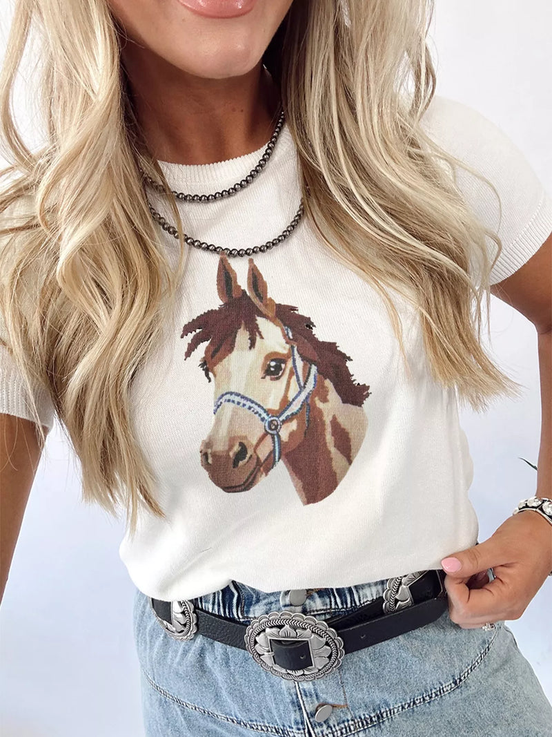 Wild West horse head printed sweater front view