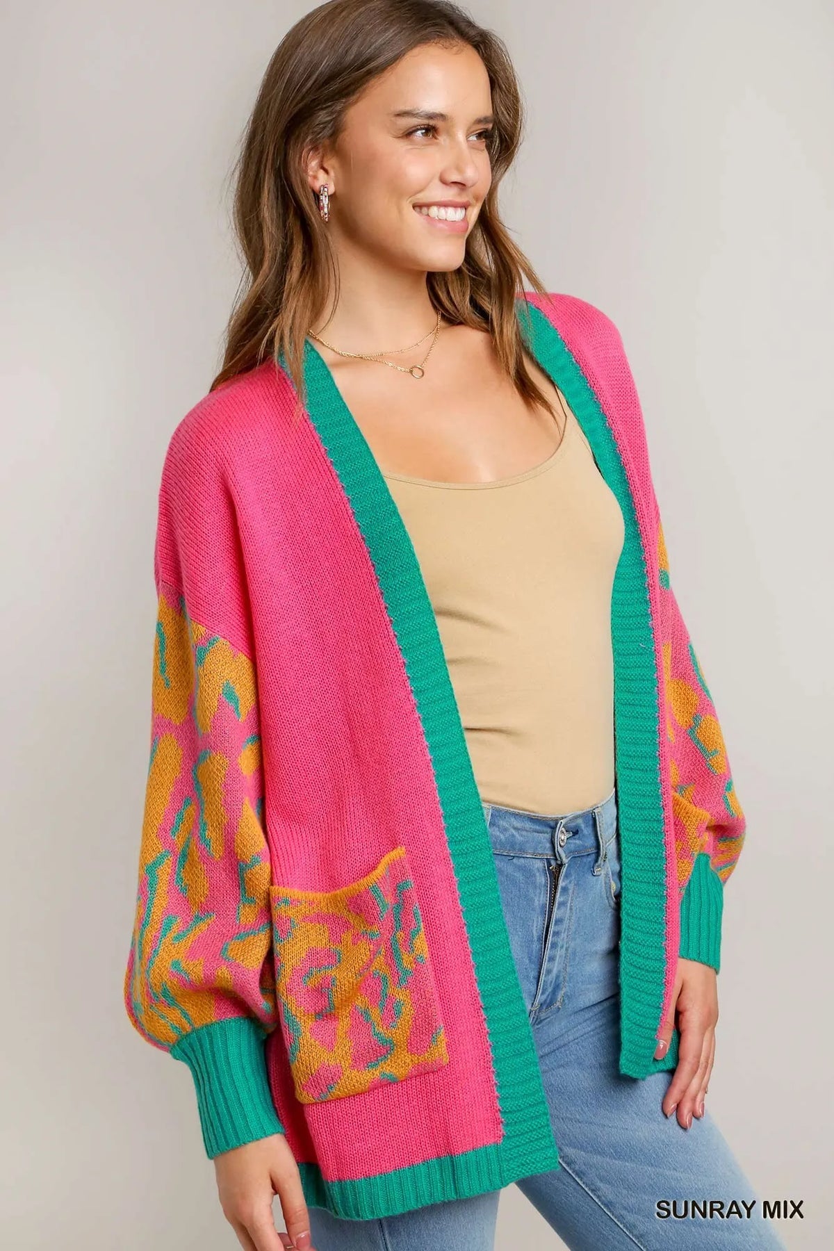 Animal Print Open Front Cardigan in Sunray back view