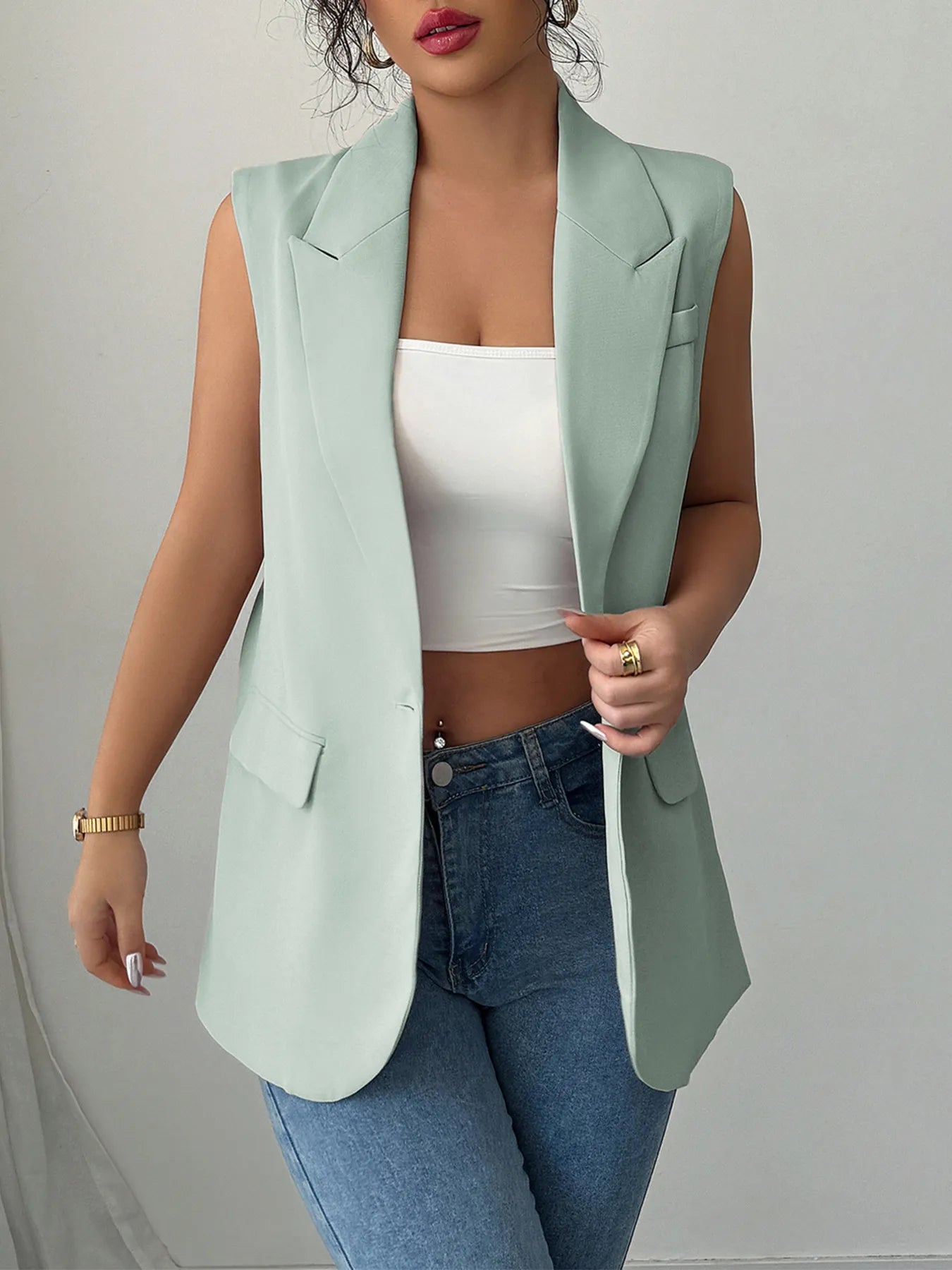 One Button V-Neck Blazer Vest Coat Green - Fashorio