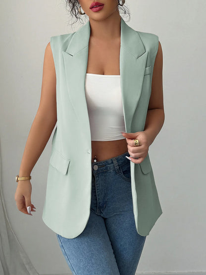 One Button V-Neck Blazer Vest Coat Green - Fashorio