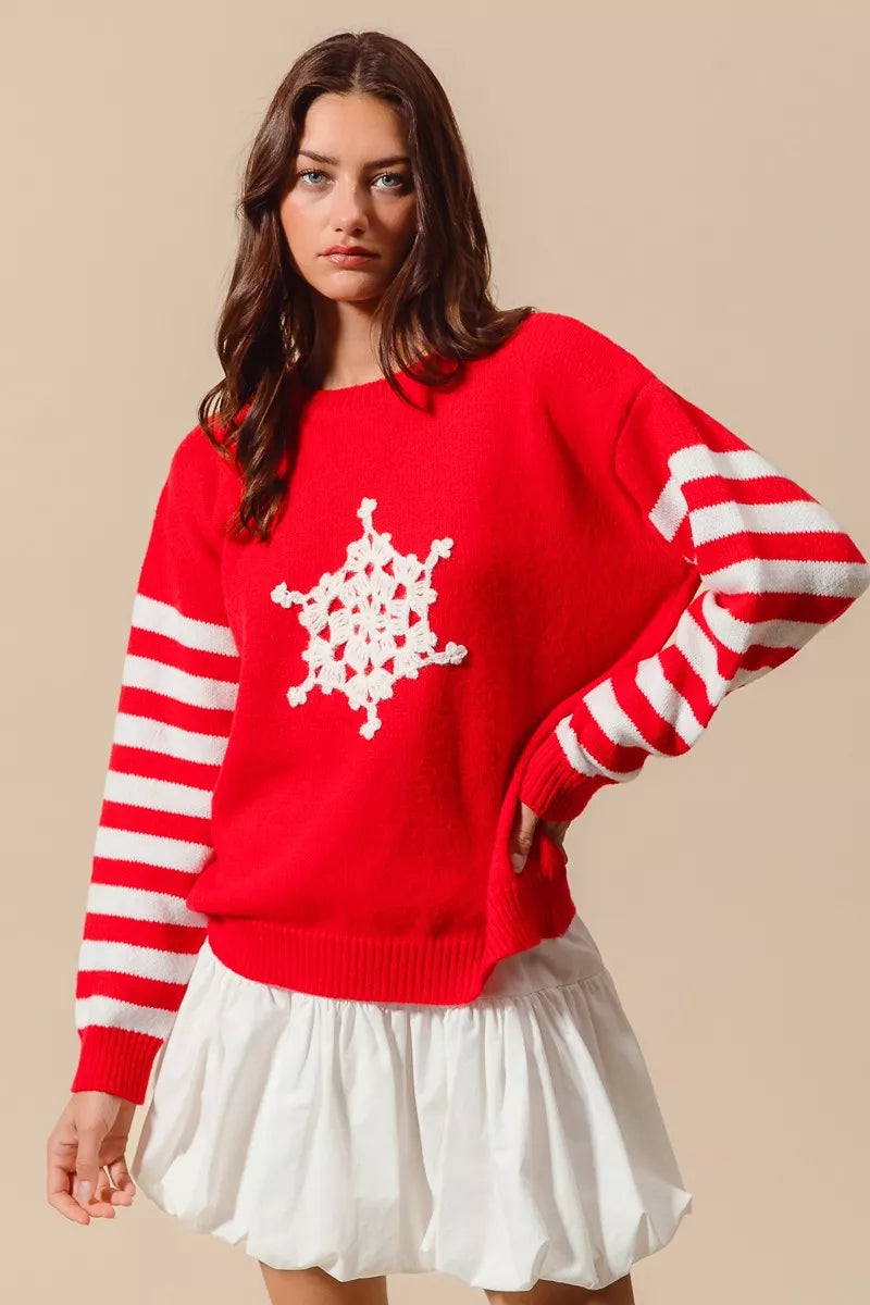 Snowflake Crochet Christmas Sweater in Red and Ivory view 7