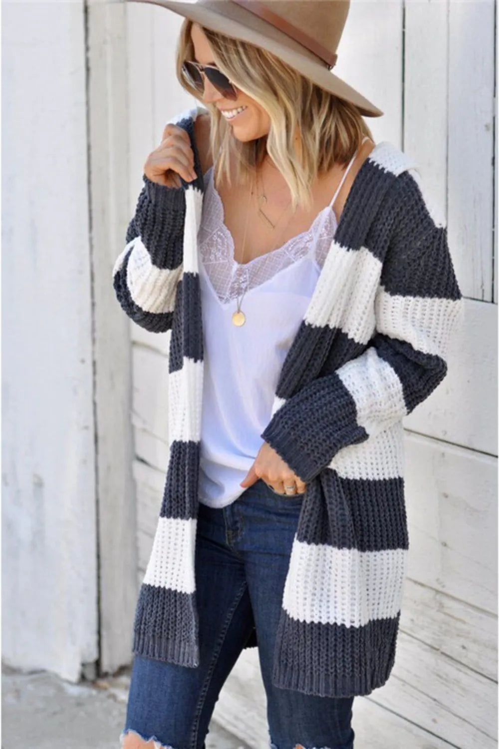 Contrast Stripes Open Front Long Sleeve Cardigan - Fashorio