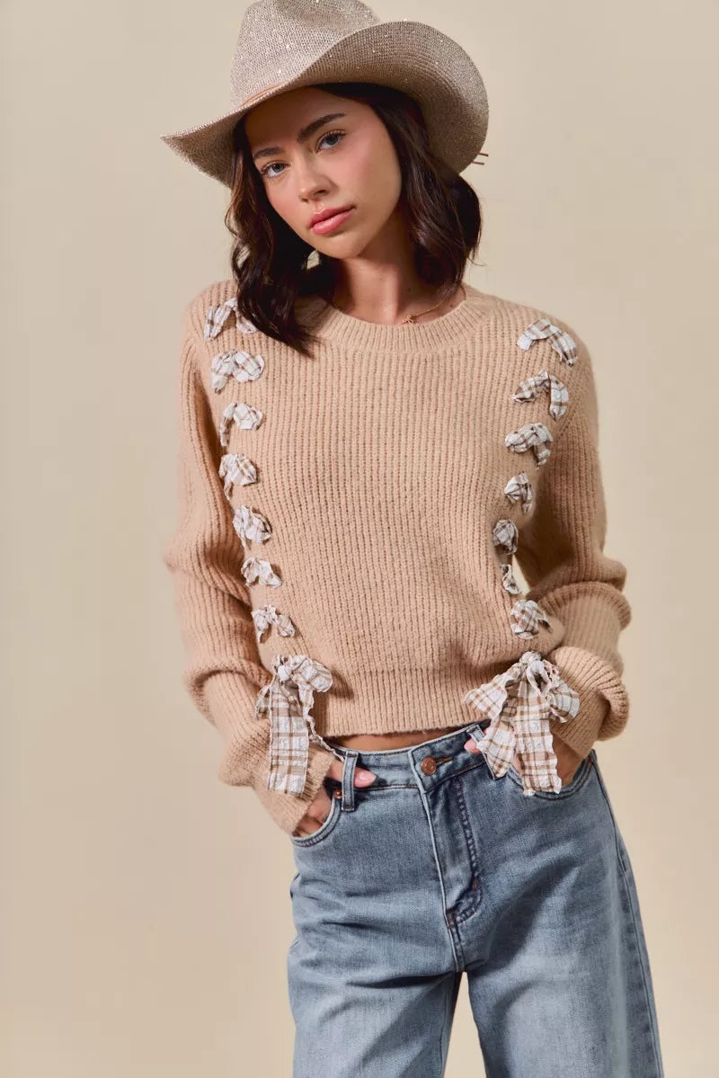 Checkered Plaid Lace Up Ribbed Sweater in Taupe