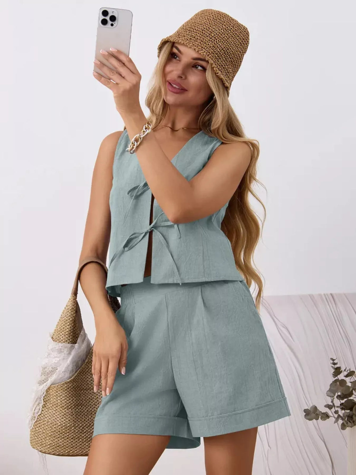 Tie-Front Sleeveless Top and Shorts Set, view 12