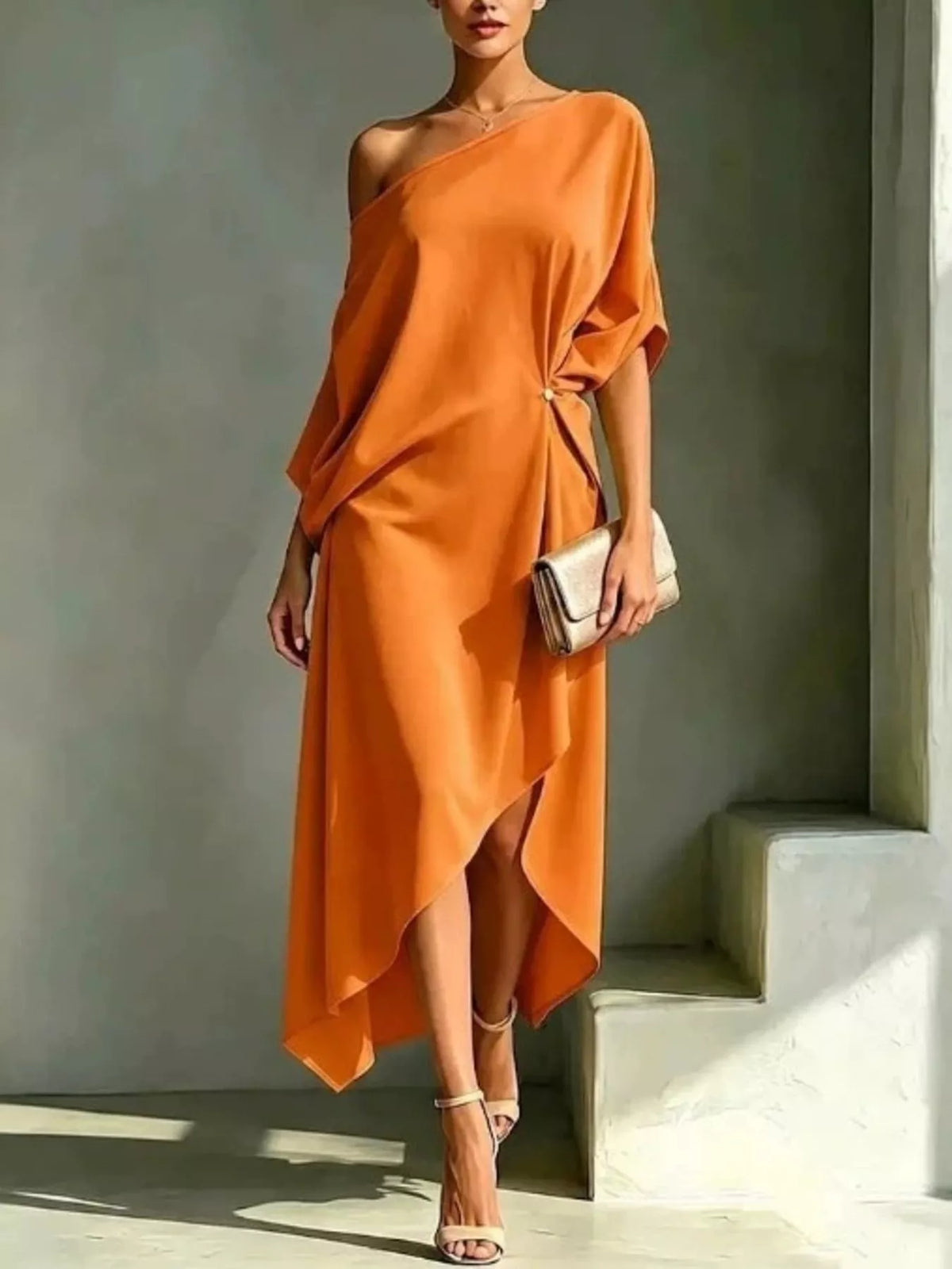 One shoulder drape dress white color