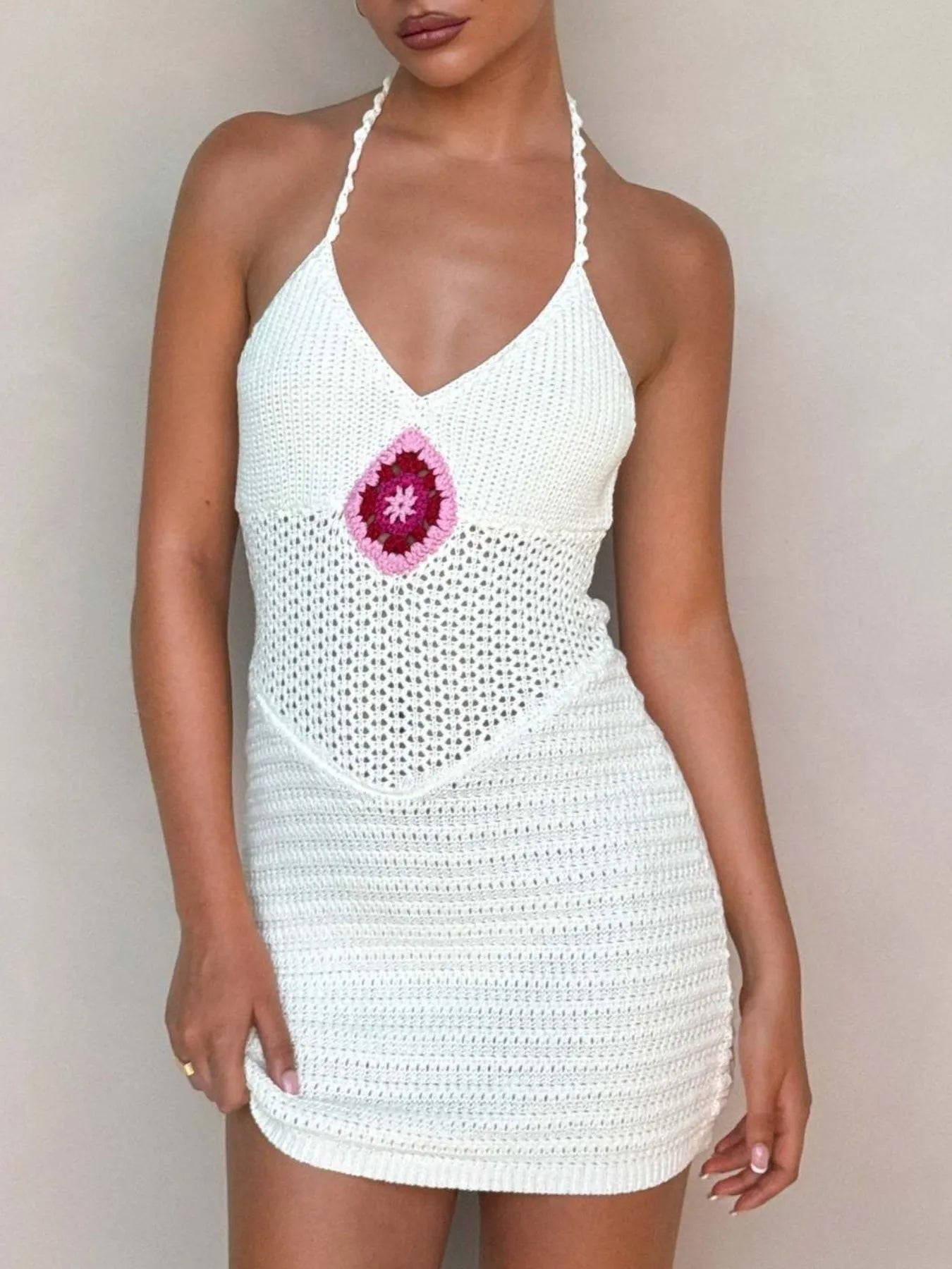 Openwork Halter Neck Sweater Dress - Fashorio