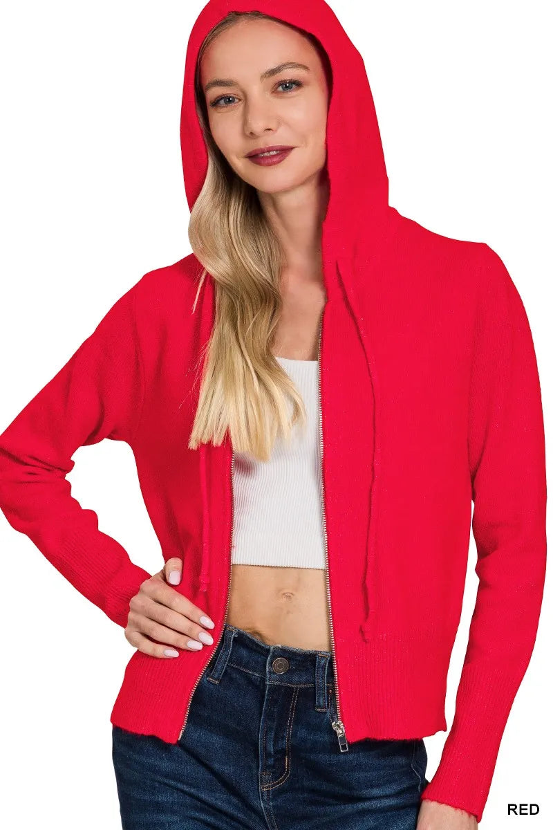 Zenana Drawstring Zip Up Hooded Cardigan - Fashorio