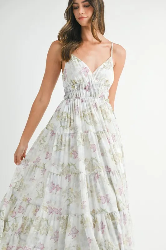 green floral tiered cami maxi dress styled look