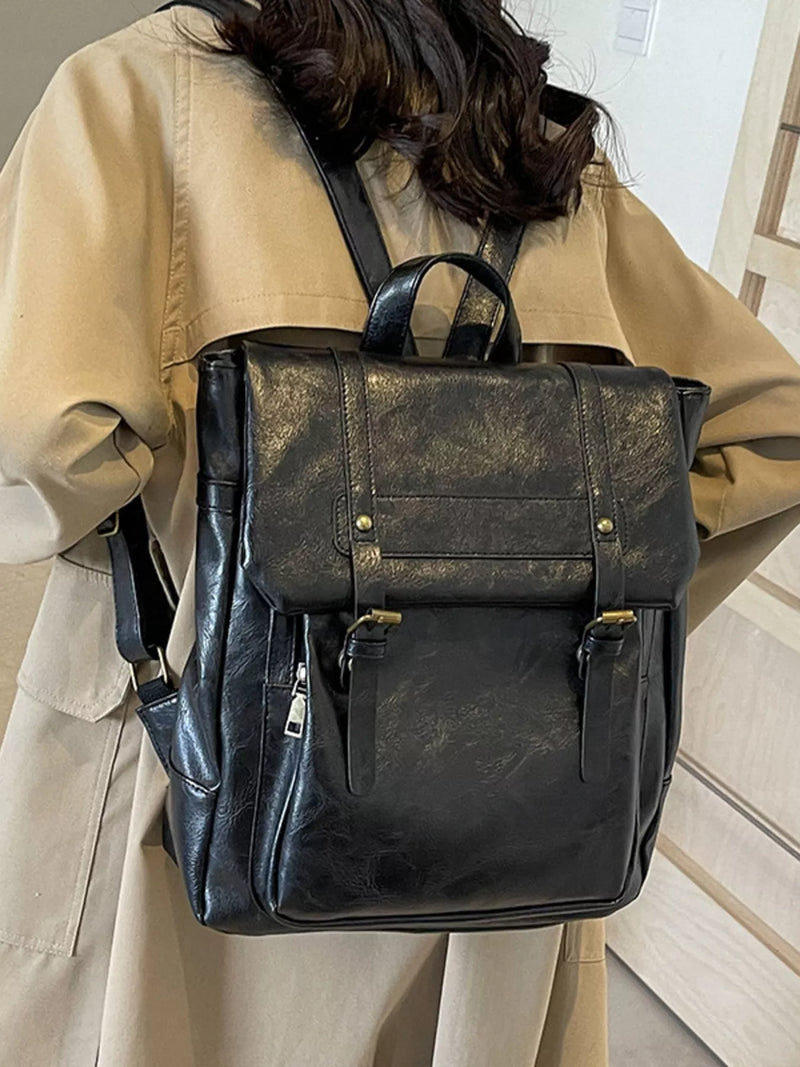 Black leather flap backpack front view