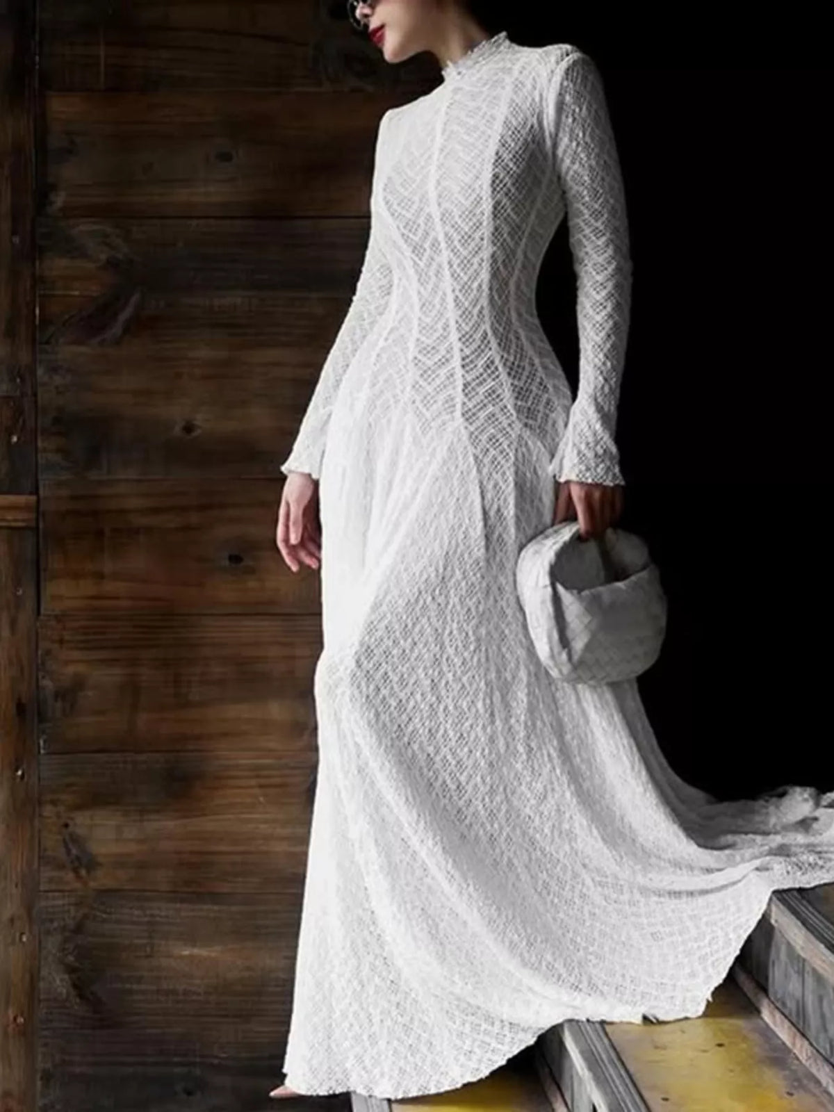 white lace mock neck long sleeve maxi dress front view