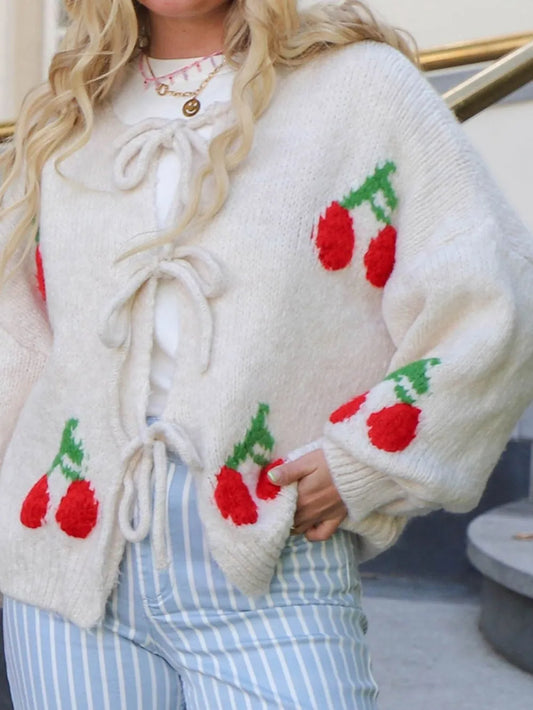 Tied Cherry Round Neck Long Sleeve Cardigan White - Fashorio