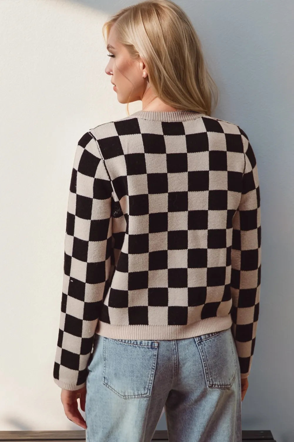 Checkered tie front cardigan ribbed knit detail