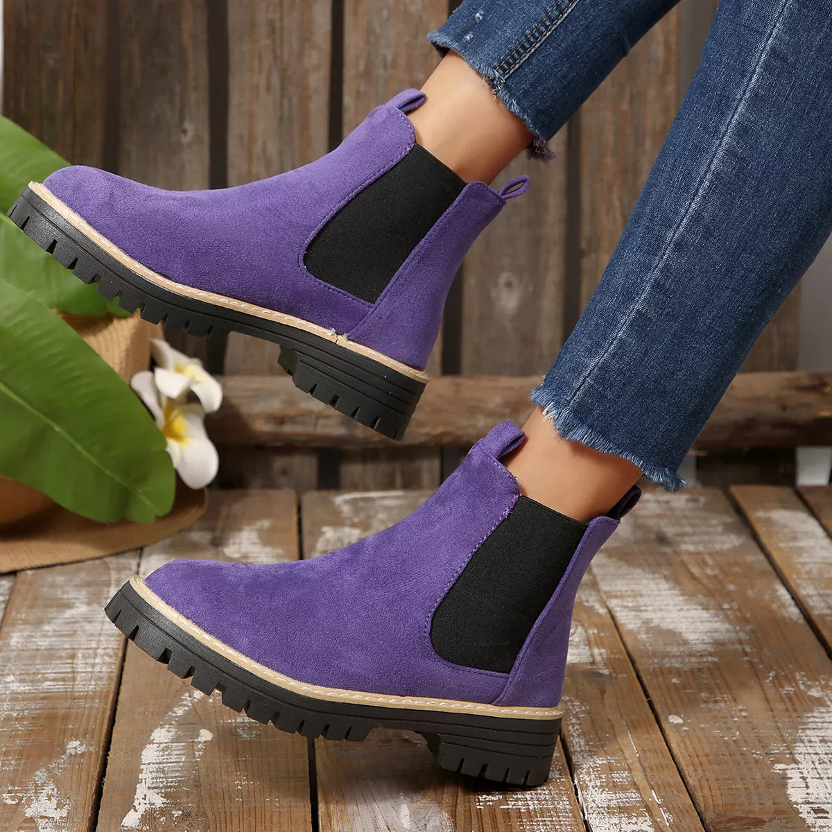 Suede round toe block heel boots top down view