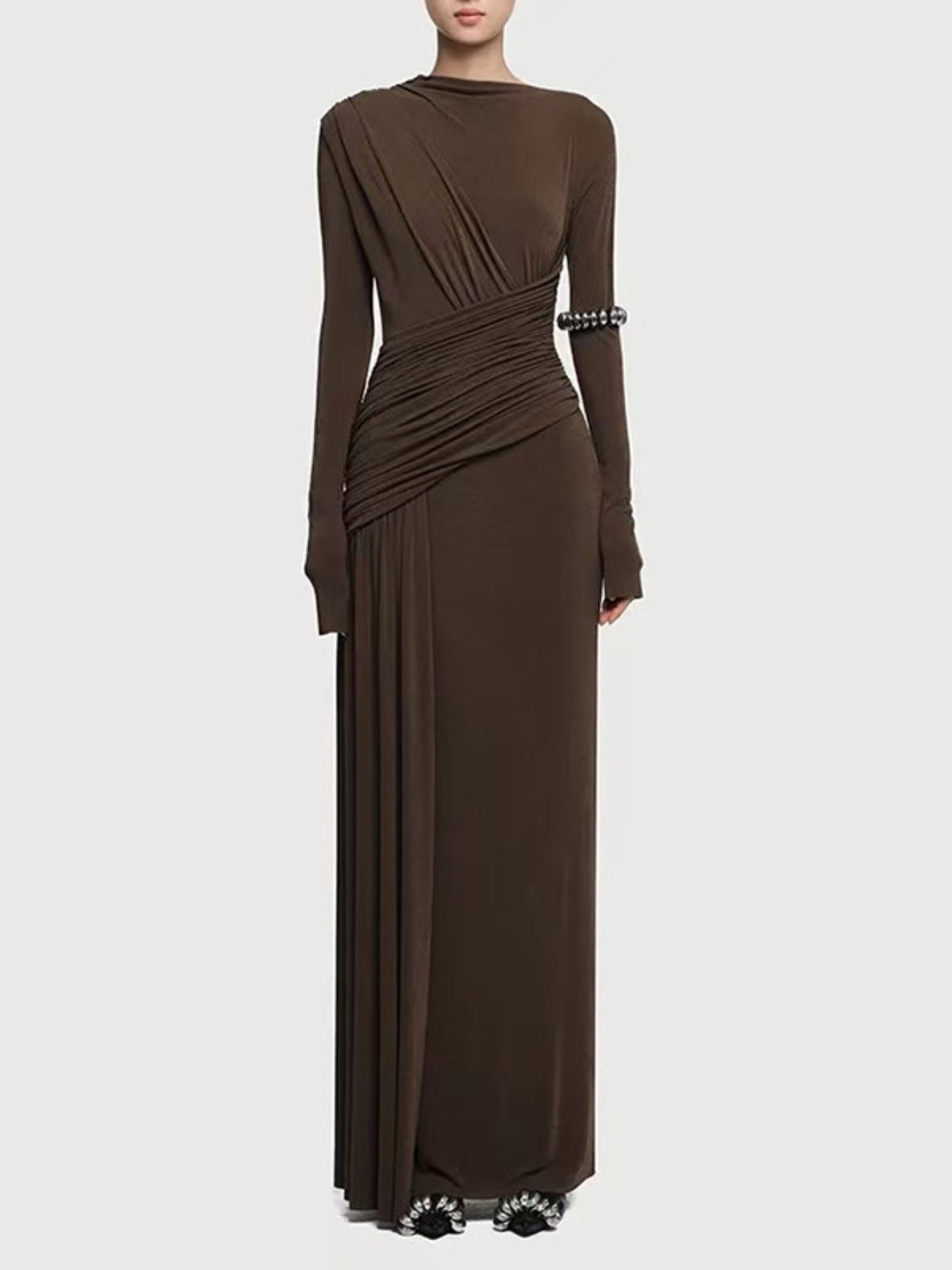 Ruched long sleeve maxi dress, front view