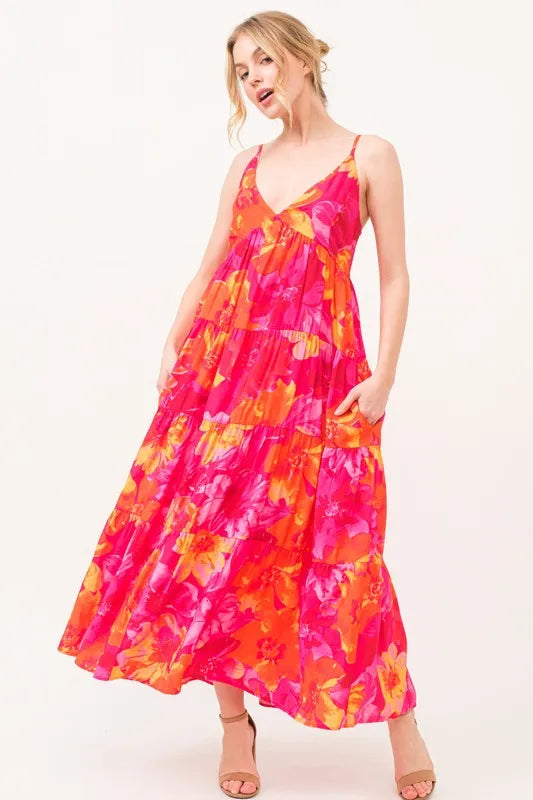 Floral Tiered Maxi Cami Dress with Pockets