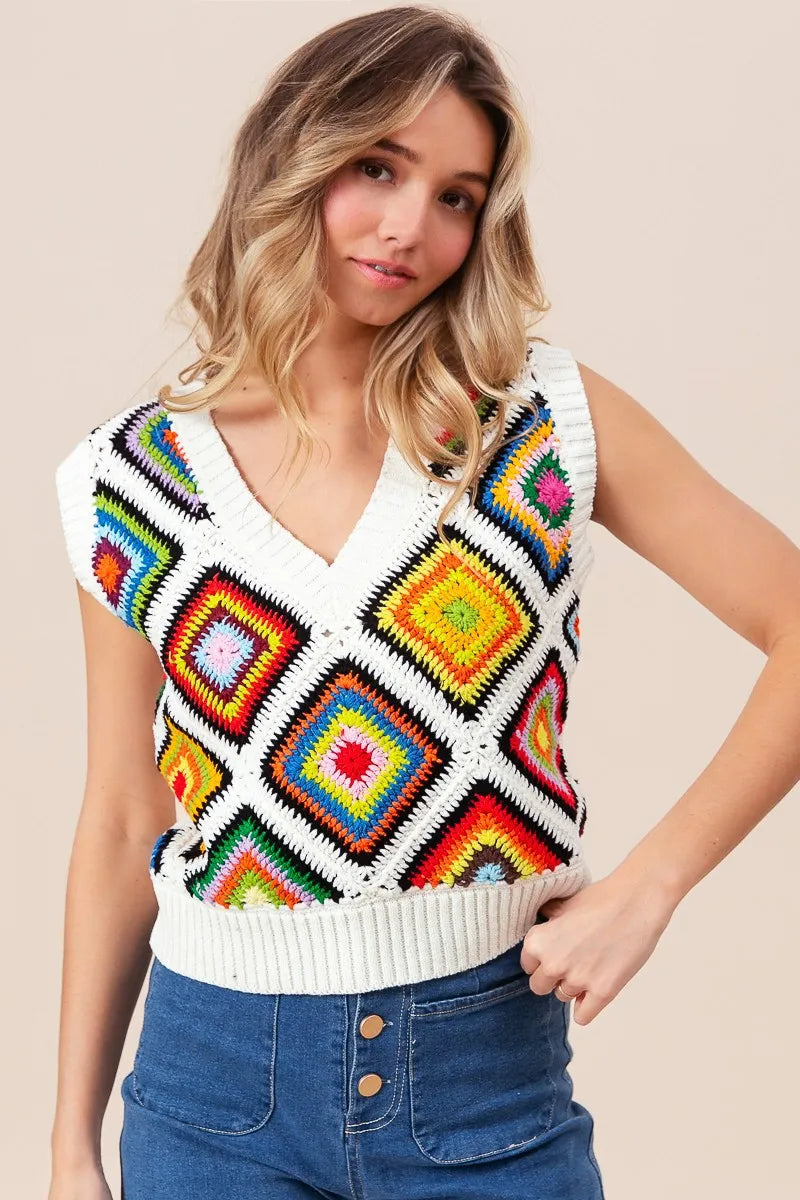 BiBi Diamond Granny Square Sweater Vest - Fashorio