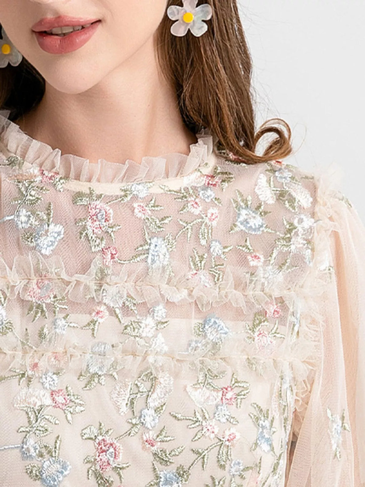 Apricot floral tulle layered maxi dress fabric detail