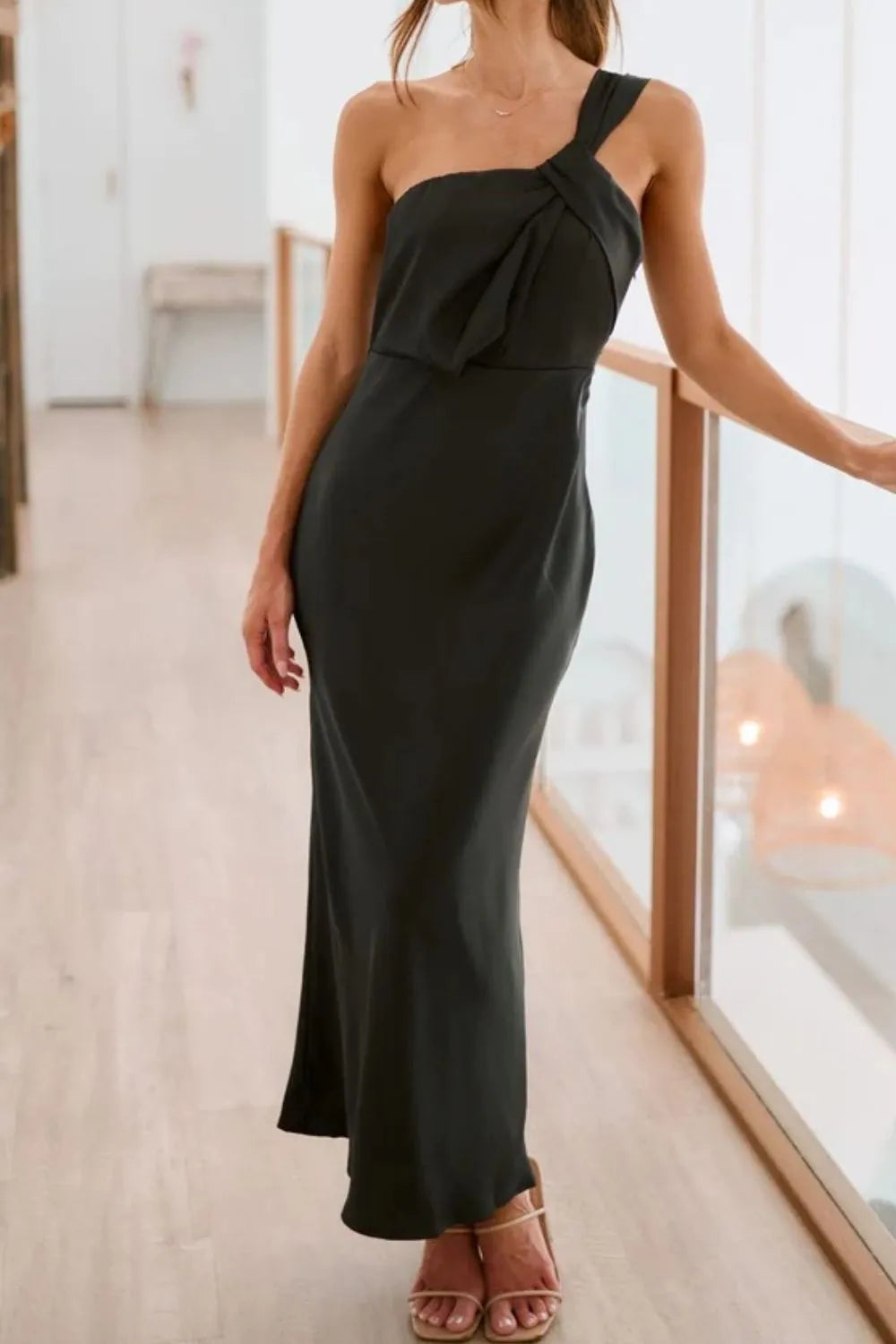 Black single shoulder maxi dress full length view