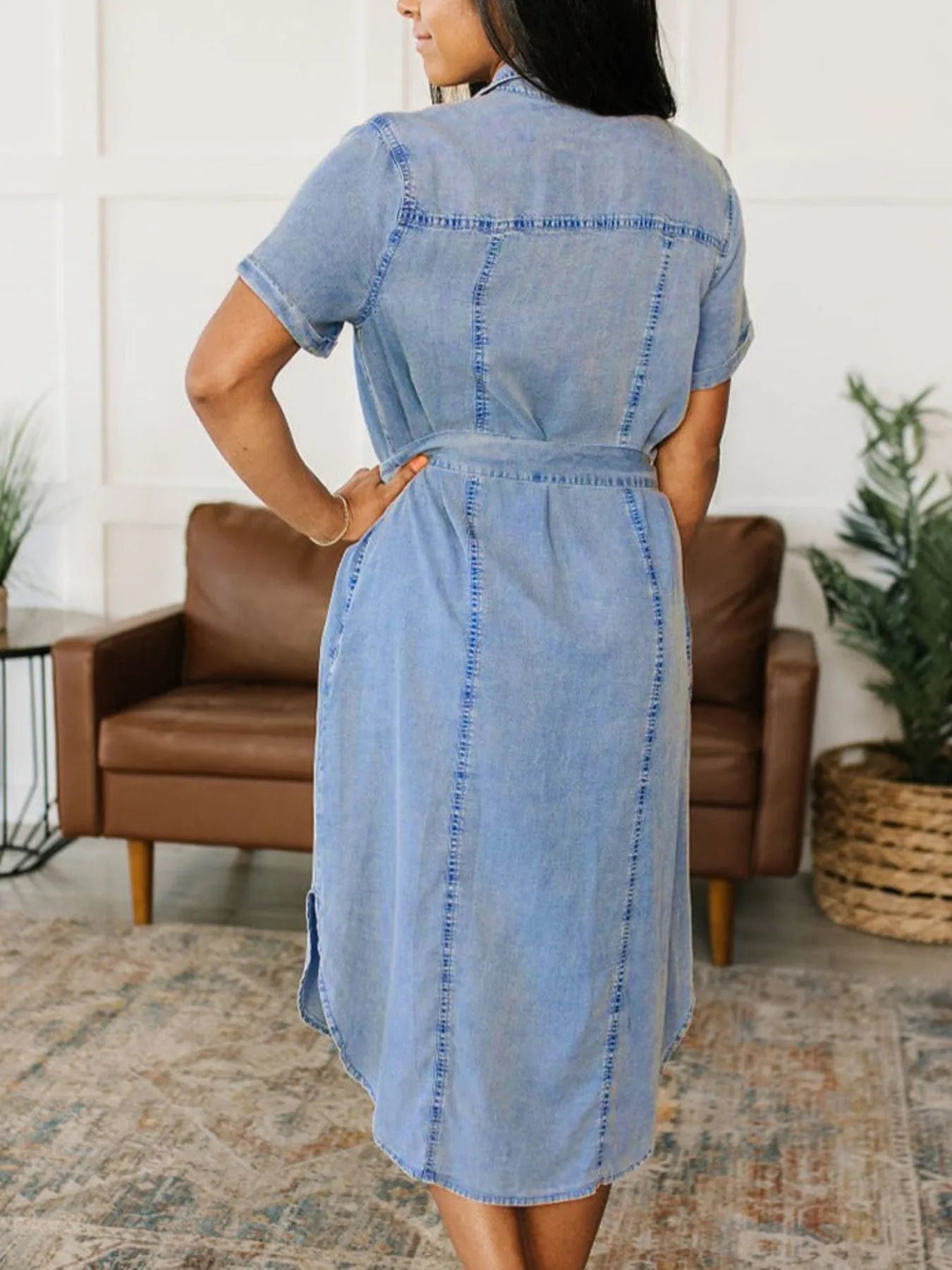 Button Front Short Sleeve Denim Dress - Fashorio