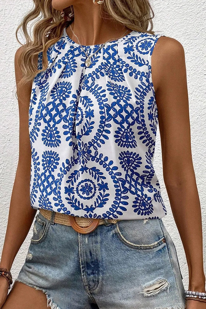 Printed crew neck sleeveless top front view