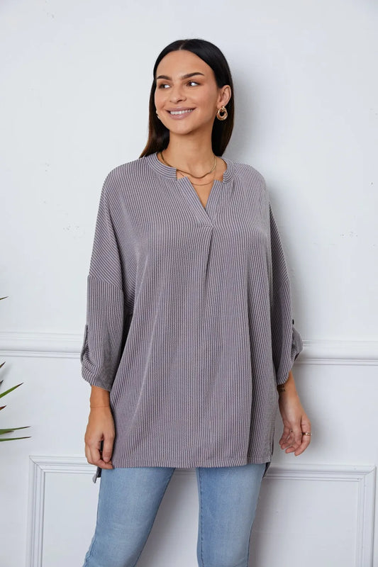 Notched Roll-Tab Sleeve Blouse Stripe - Fashorio