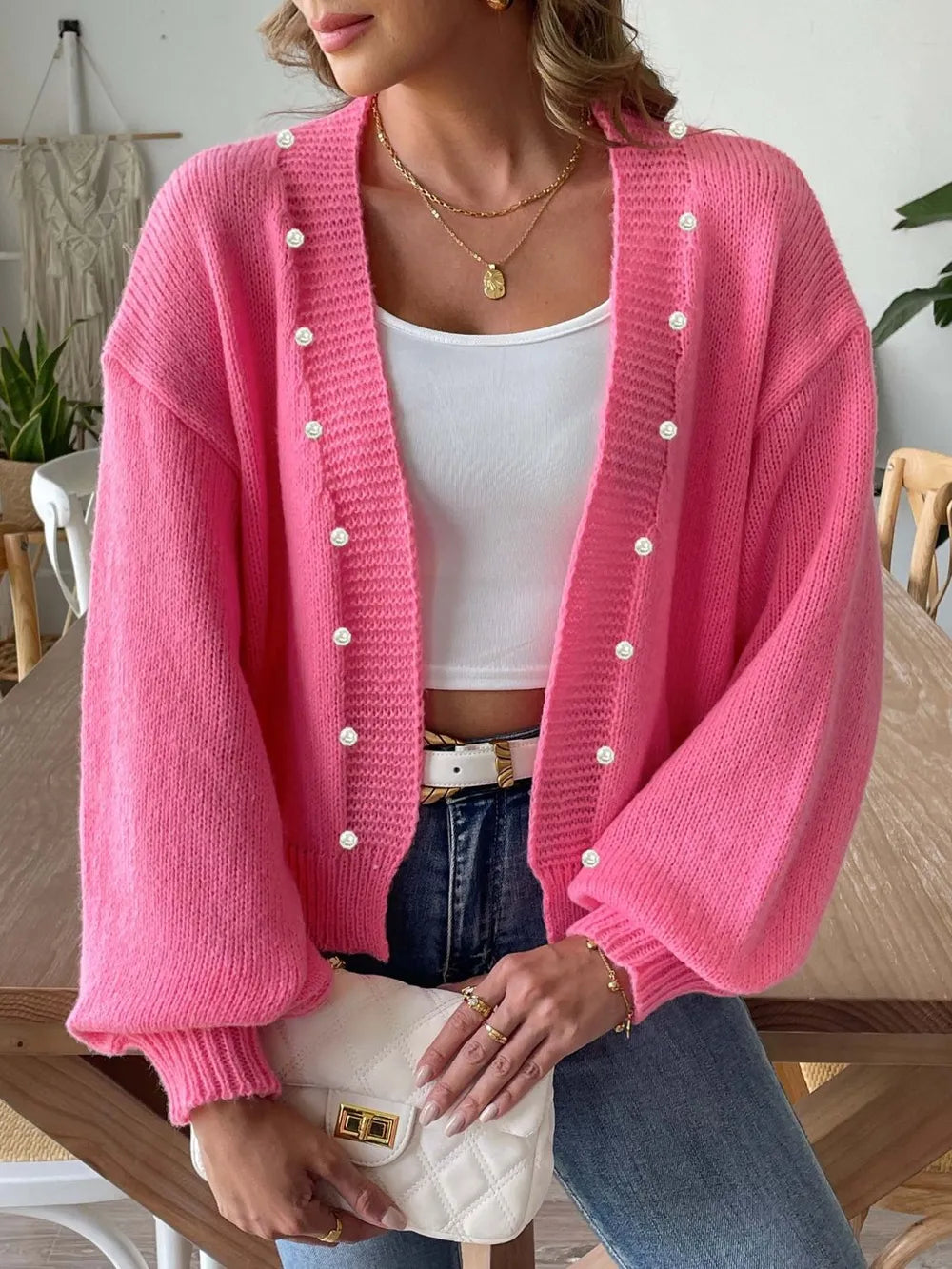 Pearl Open Front Long Sleeve Cardigan - Fashorio