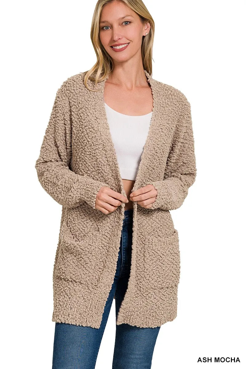 Zenana Long Sleeve Popcorn Sweater Cardigan with Pockets ASH MOCHA - Fashorio