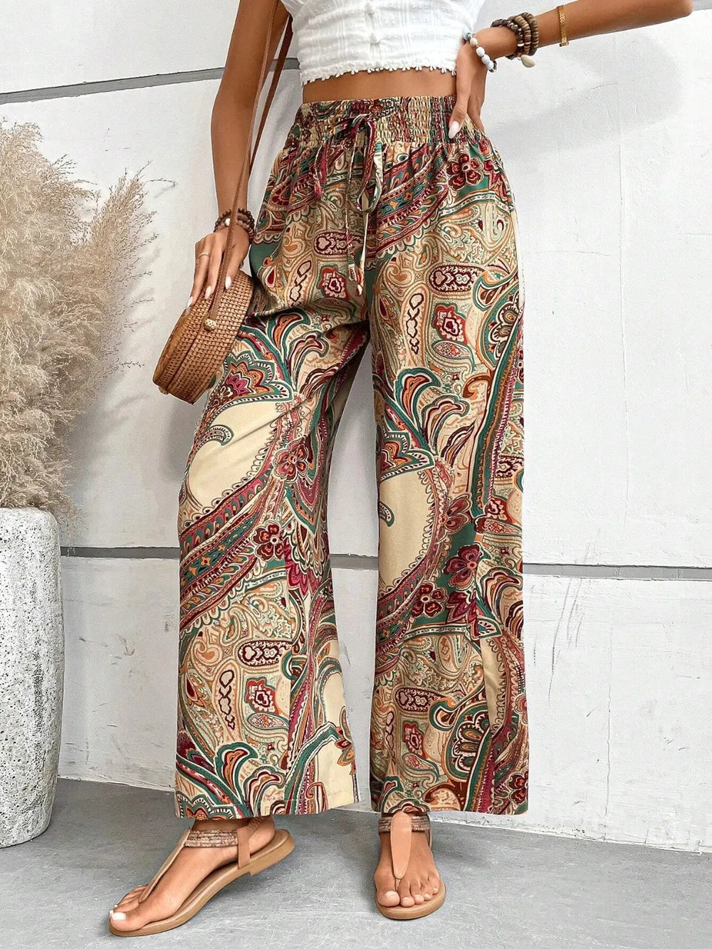 Printed tie waist wide leg pants tie waist detail