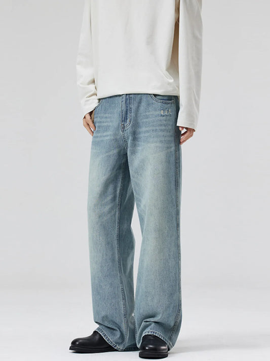 Men's Wide Leg Washed Jeans Light Blue - Fashorio