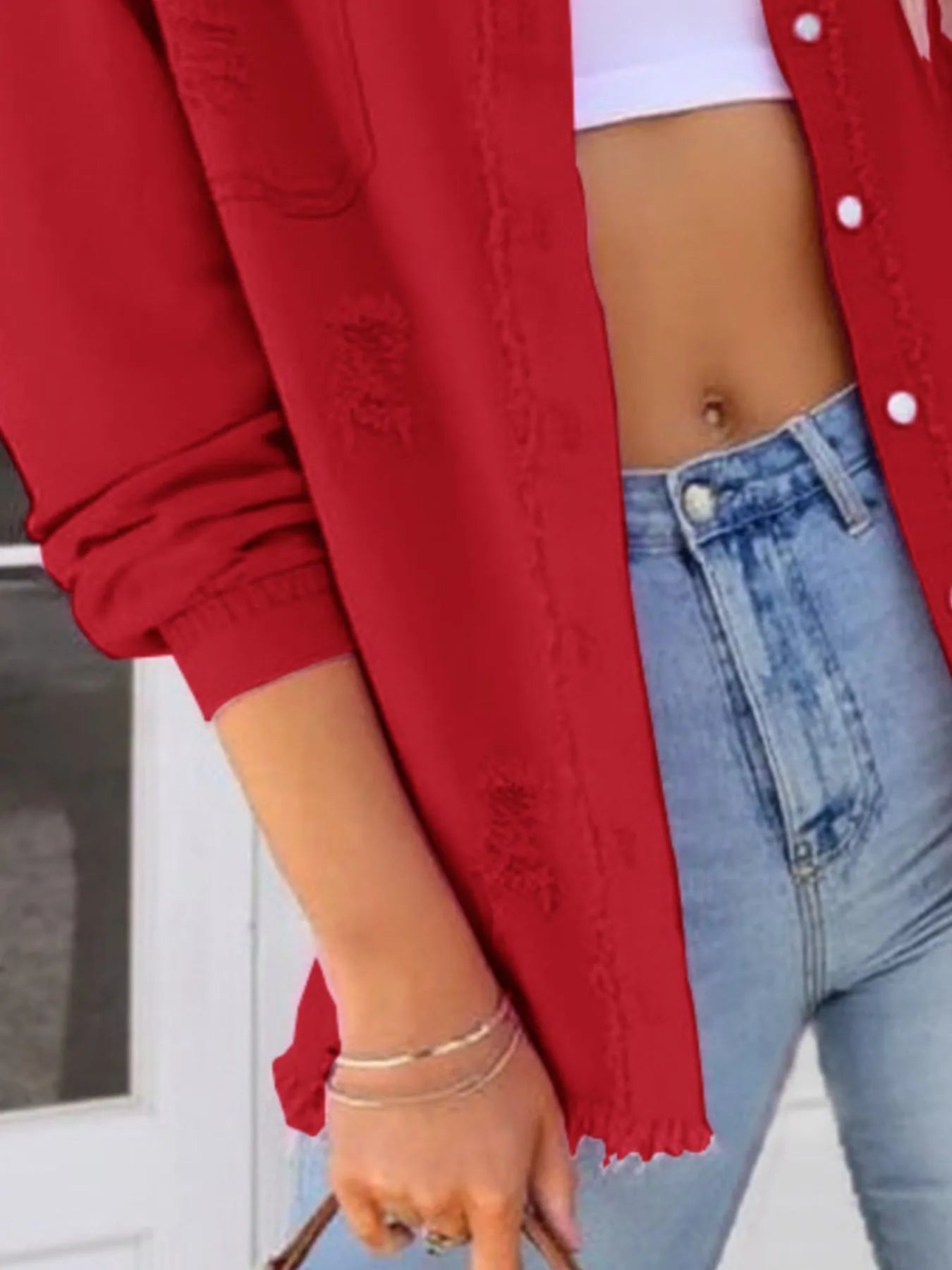 Distressed Denim Jacket with Frayed Edges - Fashorio