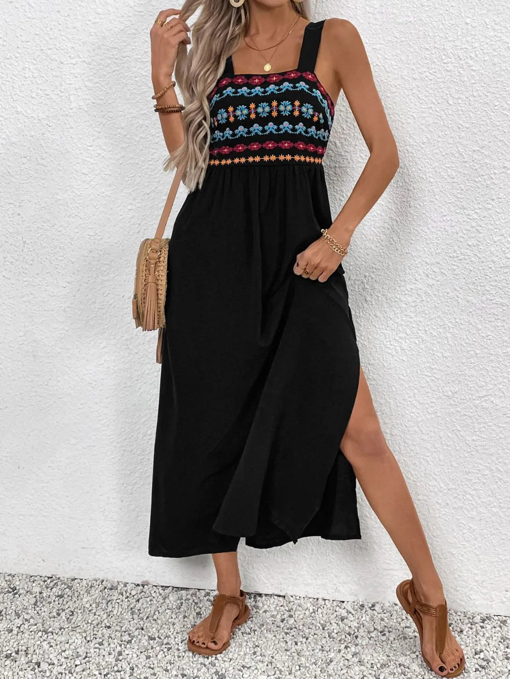 Black slit midi dress back view