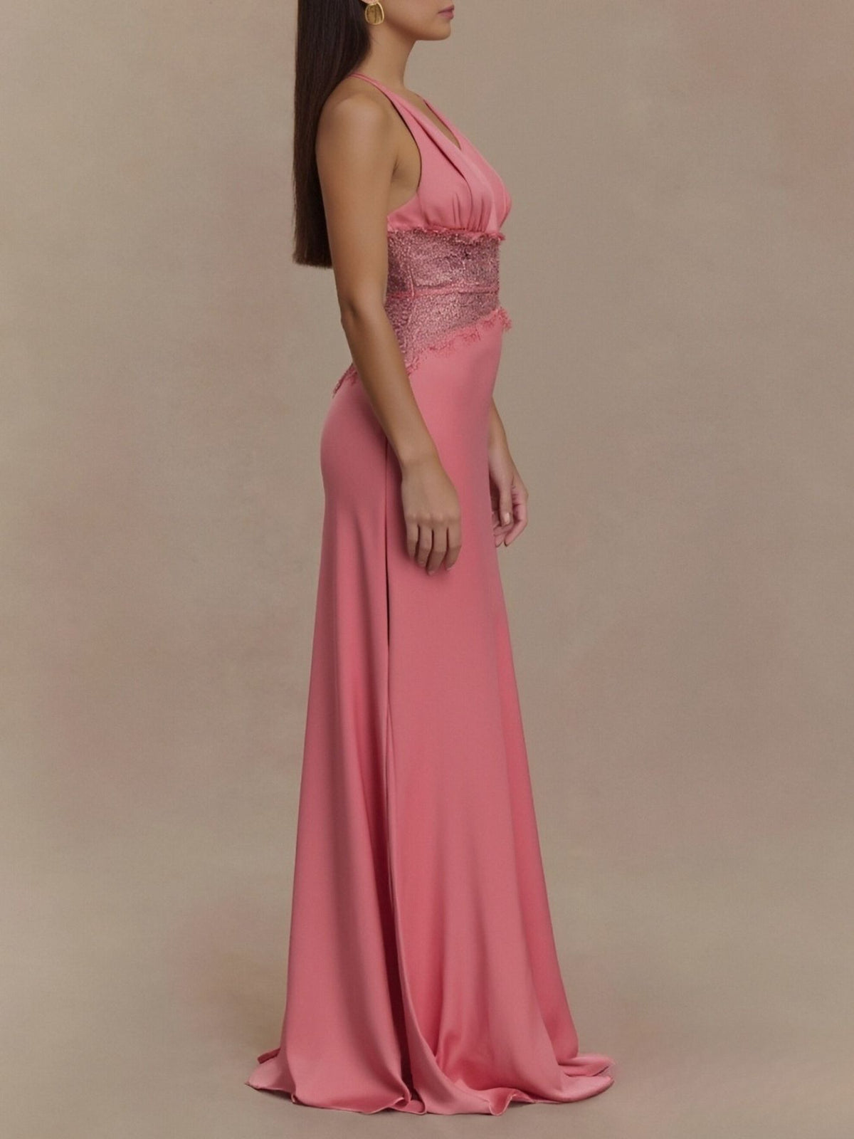 Halter neck lace trimmed maxi dress styled full length