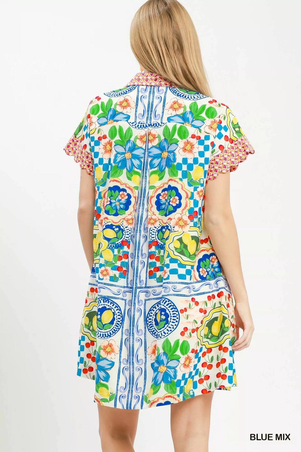 Blue Mediterranean print swing dress back view