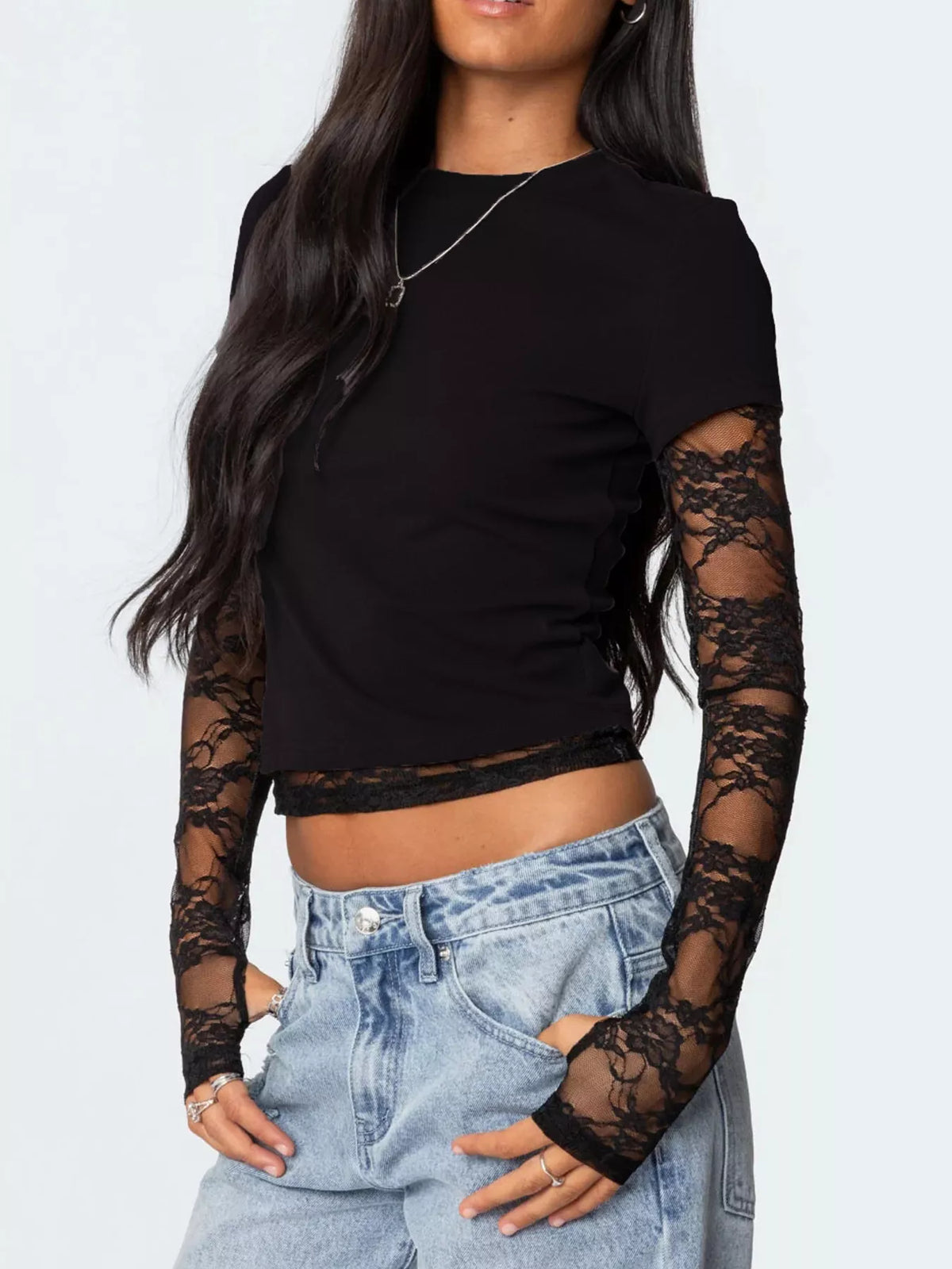 Cropped tee with sheer lace long sleeves front view