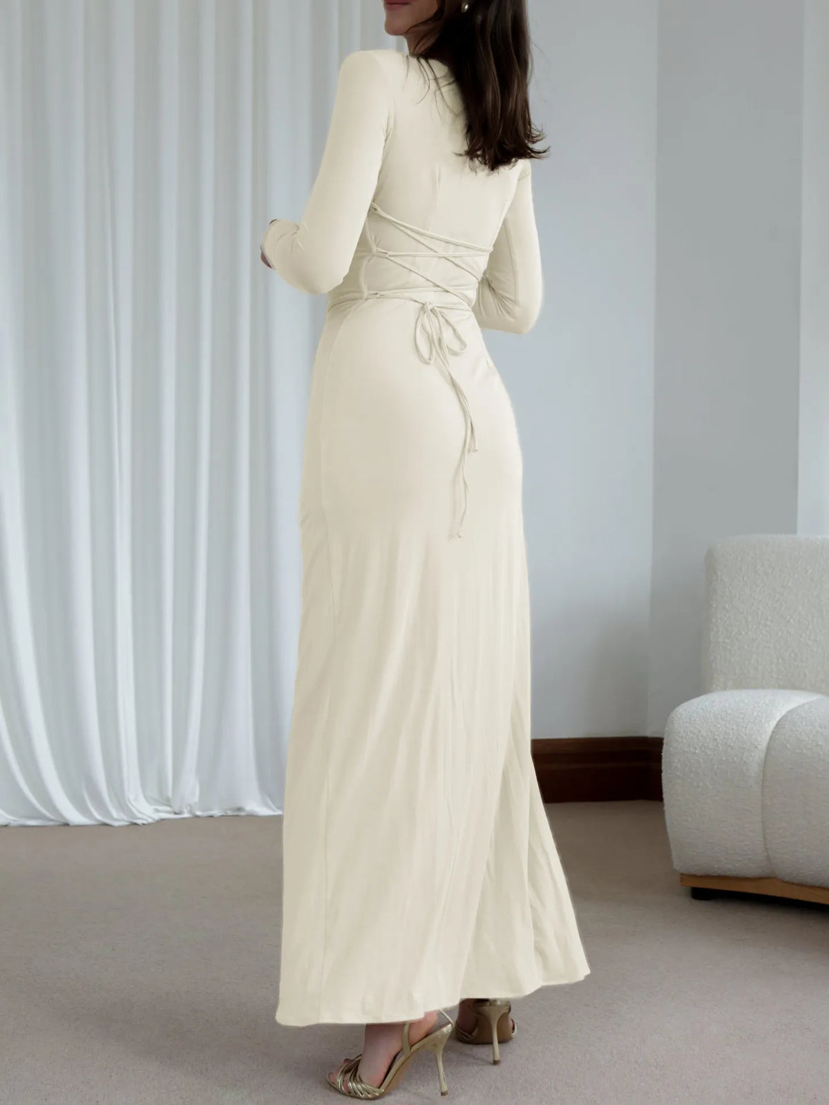 ruched long sleeve maxi dress back view